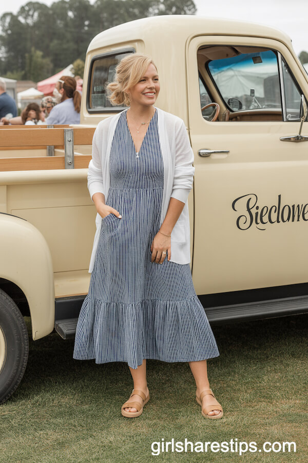 Navy Gingham Midi Dress With Cardigan and Tan Sandals