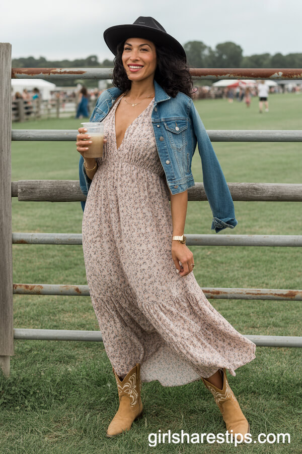 Boho Floral Maxi Dress and Denim Jacket With Cowboy Boots