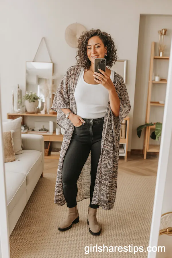 Patterned Kimono Over White Tank and Black Jeans With Suede Booties