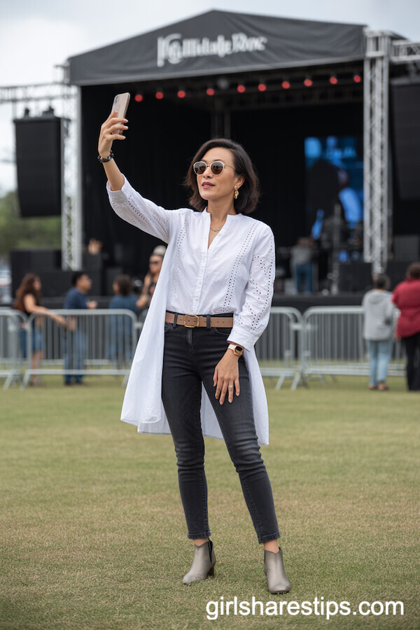 White Eyelet Tunic and Skinny Jeans With Pewter Ankle Boots