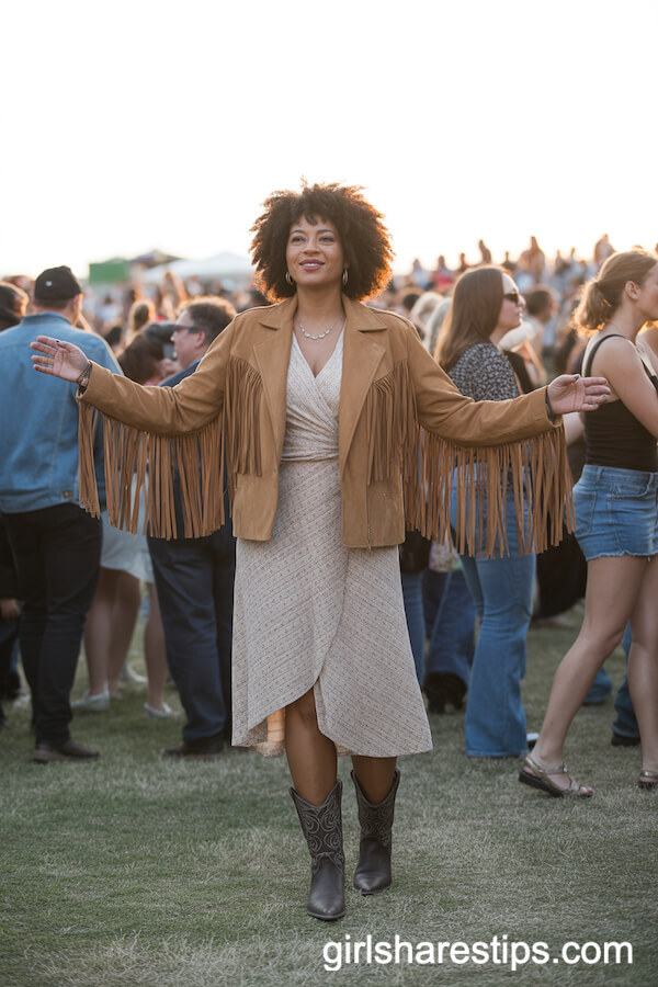 Fringe Suede Jacket Over a Midi Wrap Dress With Cowgirl Boots