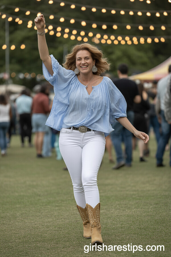 Flowy Peasant Blouse and White Skinny Jeans With Studded Cowboy Boots
