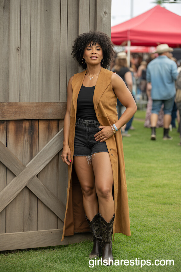 Long Sleeveless Suede Vest, Denim Shorts, Cowboy Boots
