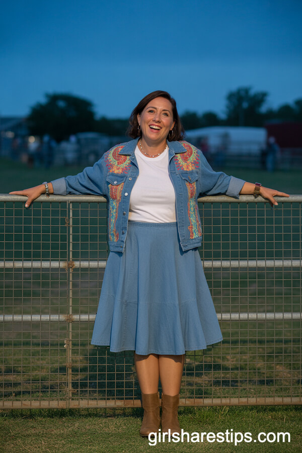Embroidered Denim Jacket, White Tee, Flared Midi Skirt With Boots