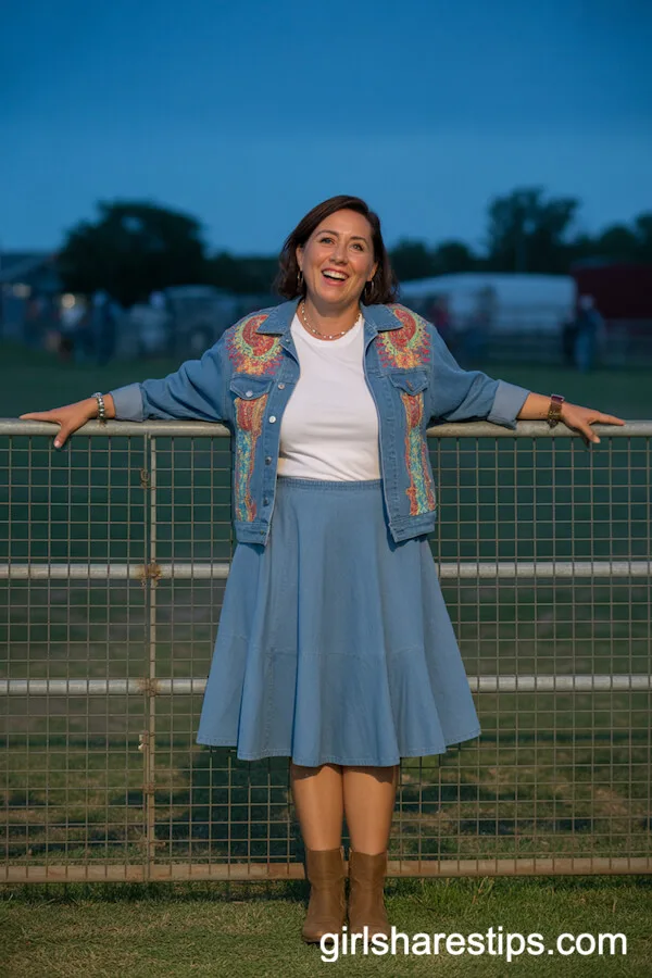 Embroidered Denim Jacket, White Tee, Flared Midi Skirt With Boots