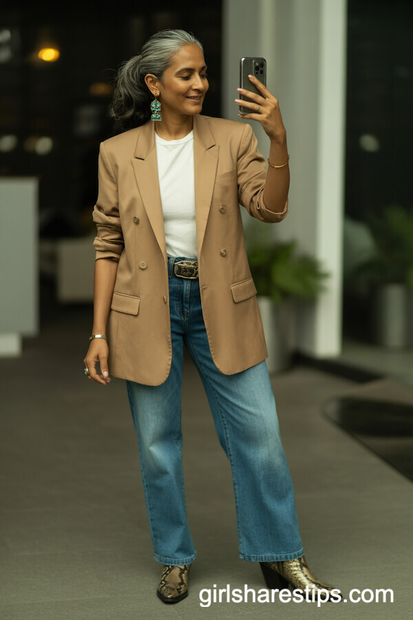 Tailored Tan Blazer with White Tee and Snakeskin Boots