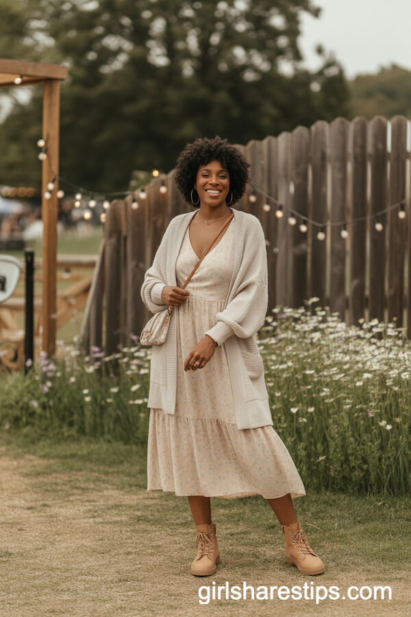 Pastel Floral Midi Dress with Lightweight Beige Cardigan