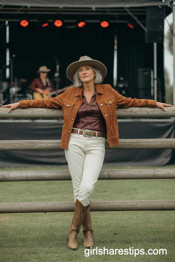 Earth-Toned Suede Jacket with White Jeans and Knee-High Boots