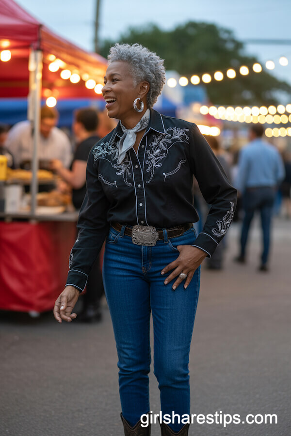 Embroidered Black Western Shirt with Blue Jeans