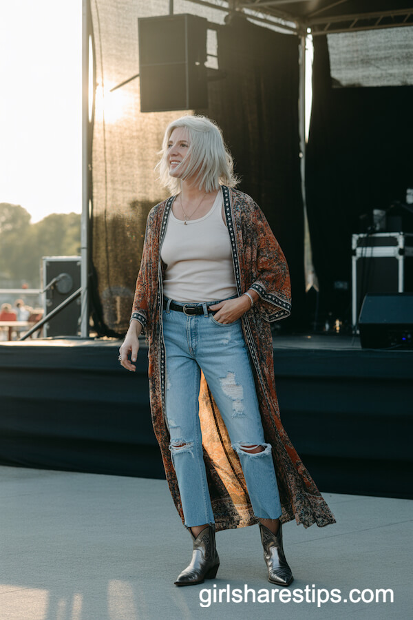 Bold Printed Duster with Distressed Jeans and Metallic Booties