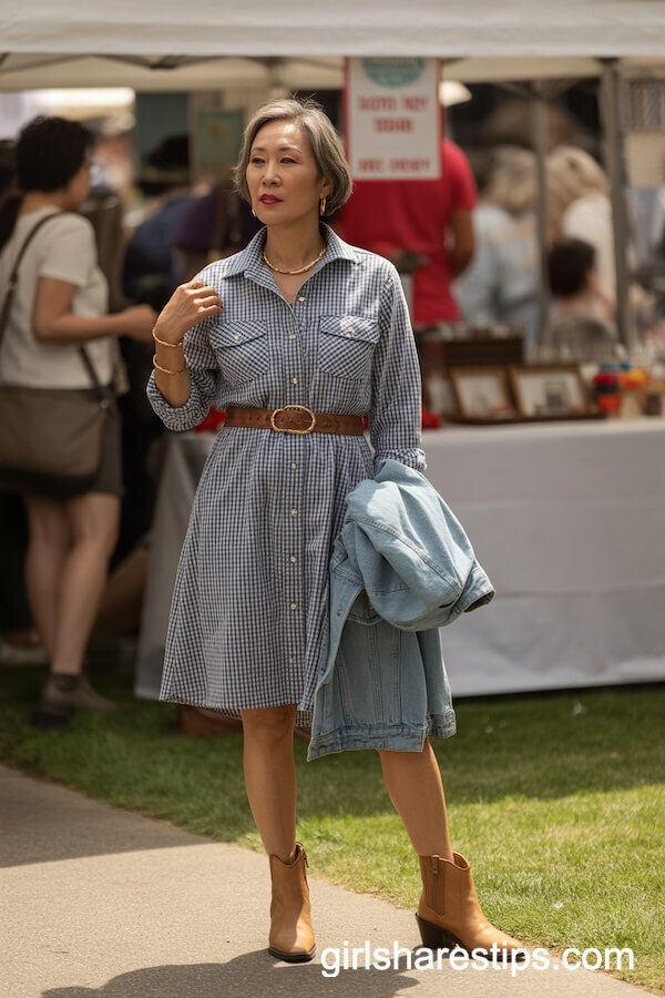 Belted Gingham Shirt Dress with Denim Jacket