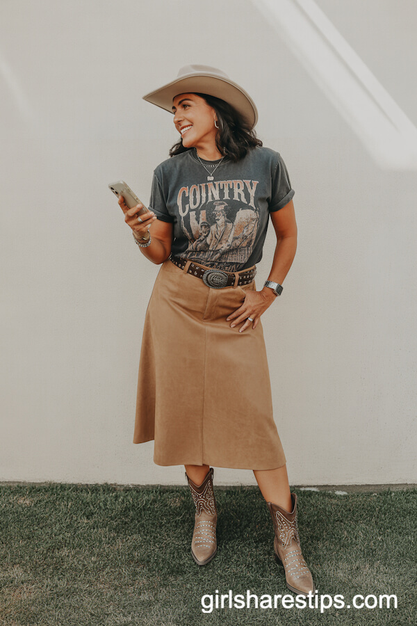 Vintage Graphic Band Tee with Midi Suede Skirt