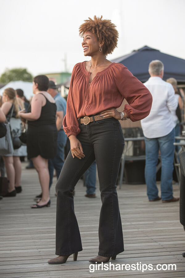 Rust-Colored Peasant Blouse with Dark Flare Jeans