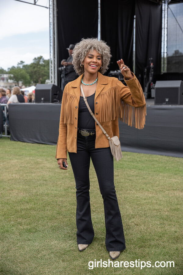 Tan Suede Fringe Jacket with Black Bootcut Pants