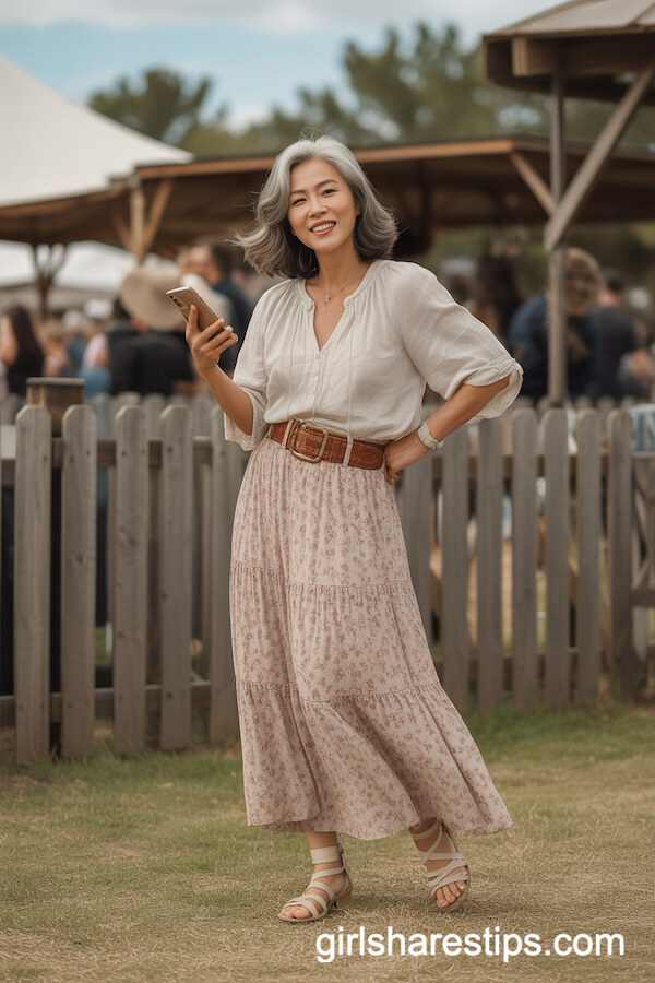 Floral Maxi Skirt with White Peasant Blouse and Wide Belt