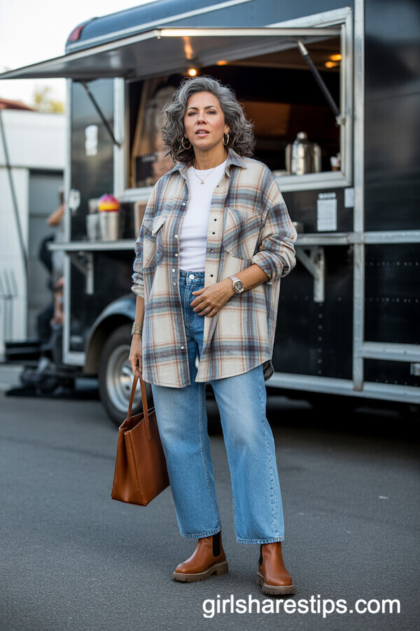 Oversized Plaid Shirt Layered Over White Tee and Chelsea Boots