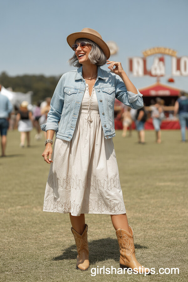 Embroidered White Cotton Dress with Light Denim Jacket