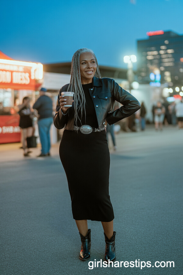 Fitted Black Midi Dress with Cropped Leather Jacket