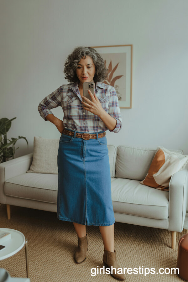 Blue Denim Skirt with Plaid Blouse and Western Belt