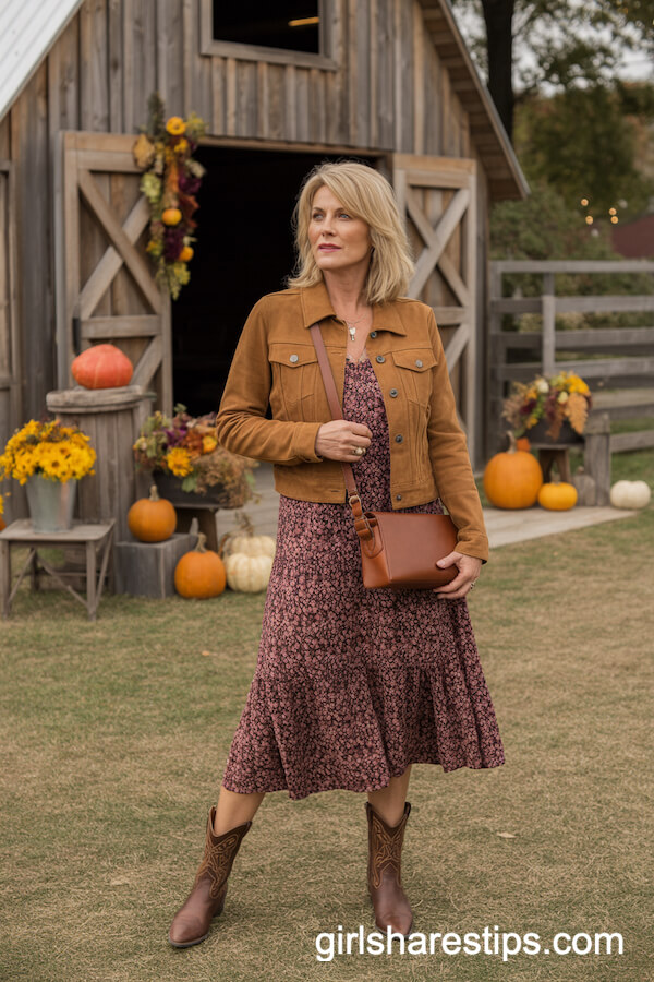 Brown Suede Jacket with Burgundy Floral Midi Dress