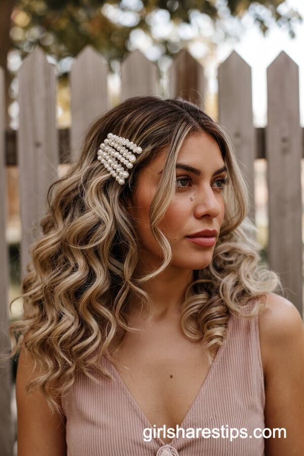 Voluminous Glam Curls with Pearl Barrettes