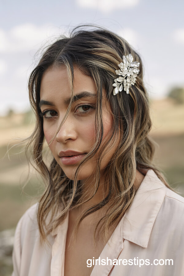 Layered Side Part with Jeweled Barrette