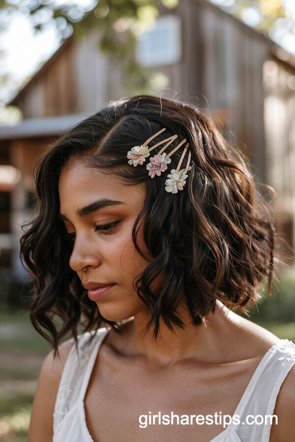 Wavy Bob with Floral Hair Clips