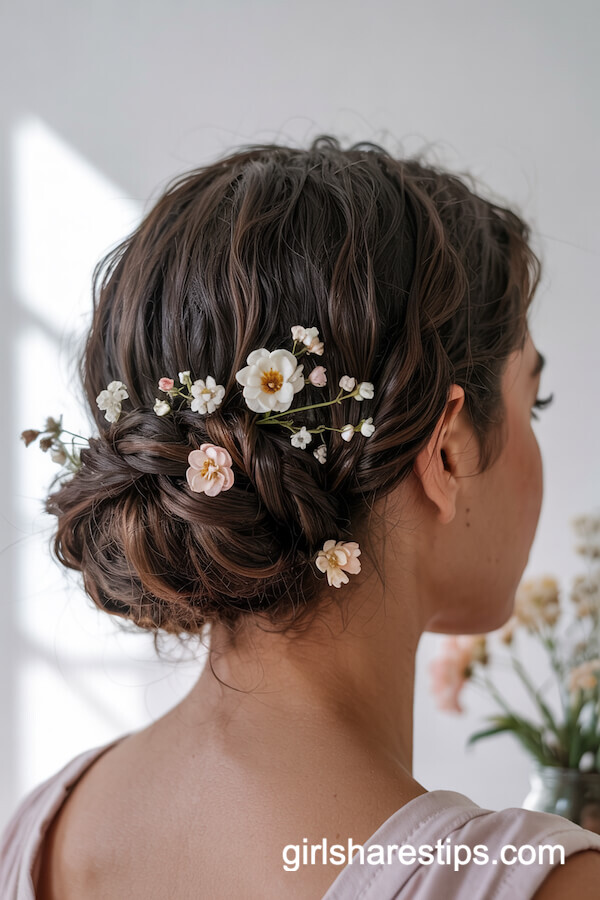 Loose Low Bun with Country Flowers