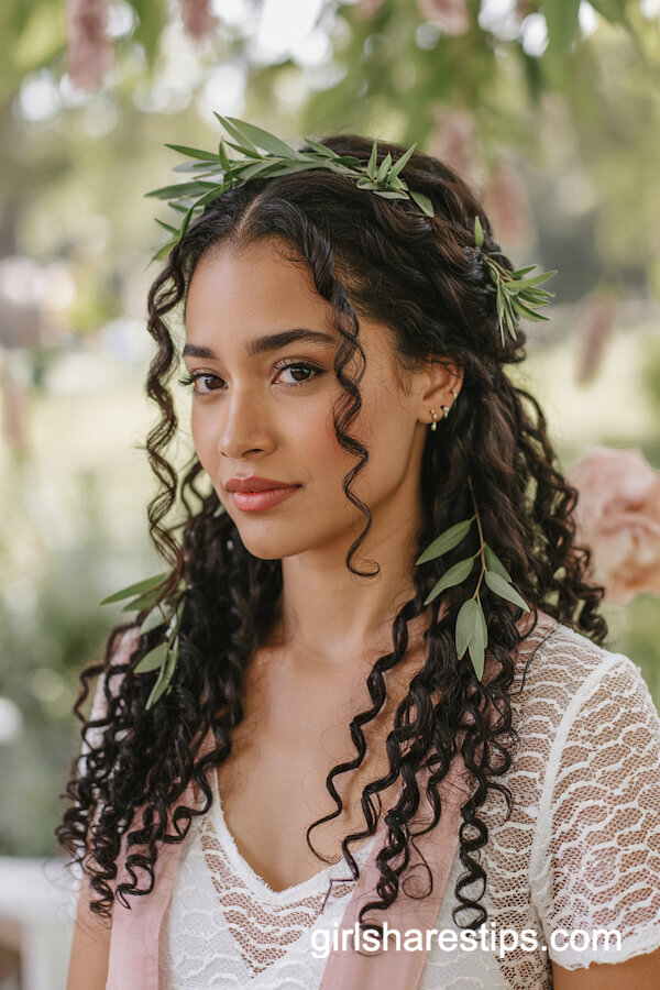 Half-Up Natural Curls with Greenery