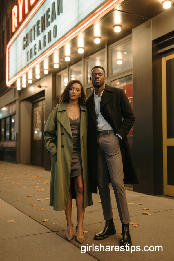 Trench Coat Over Cocktail Dress and Slim Trousers