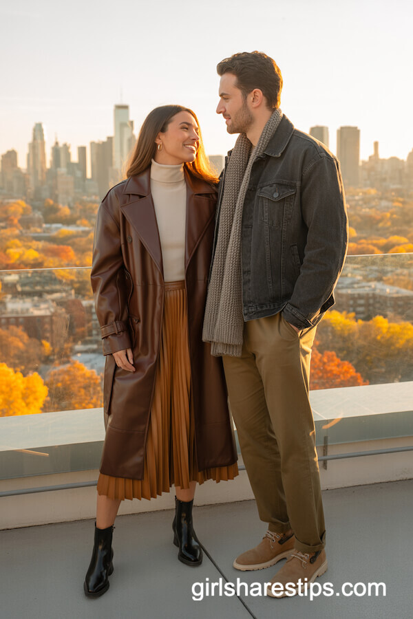 Leather Trench and Knit Scarf