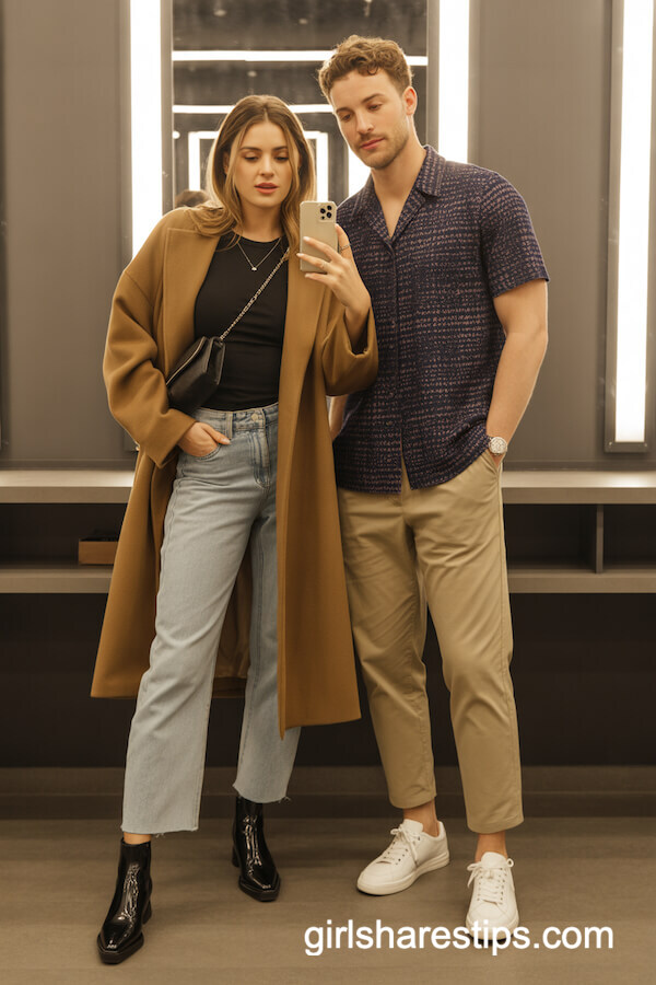 Long Camel Coat Patterned Shirt