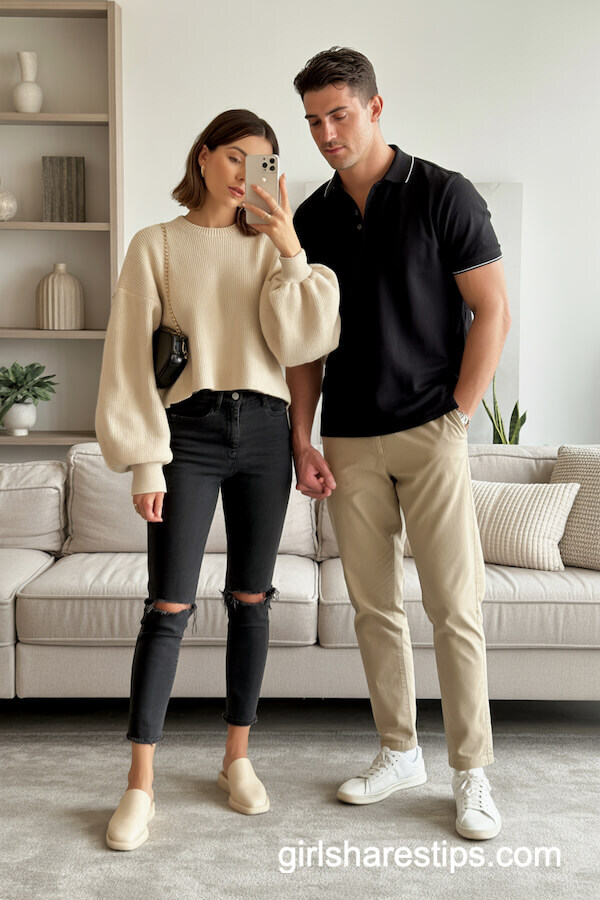 Cream Sweater Black Polo