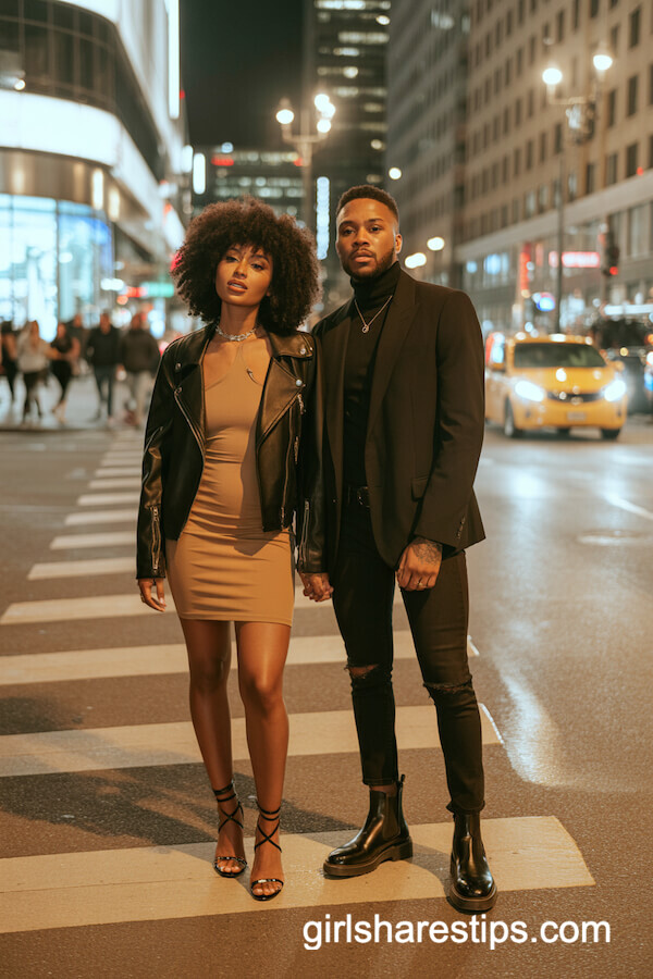 Leather Jacket Over Bodycon Dress and Dark Blazer