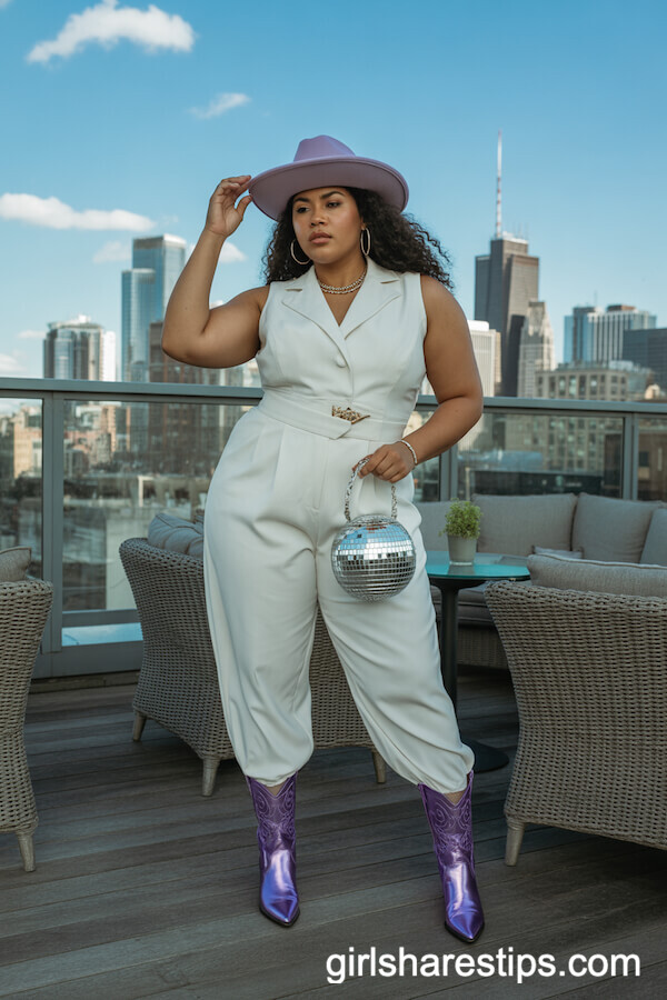 Tailored White Jumpsuit with Metallic Purple Boots and Disco Ball Purse