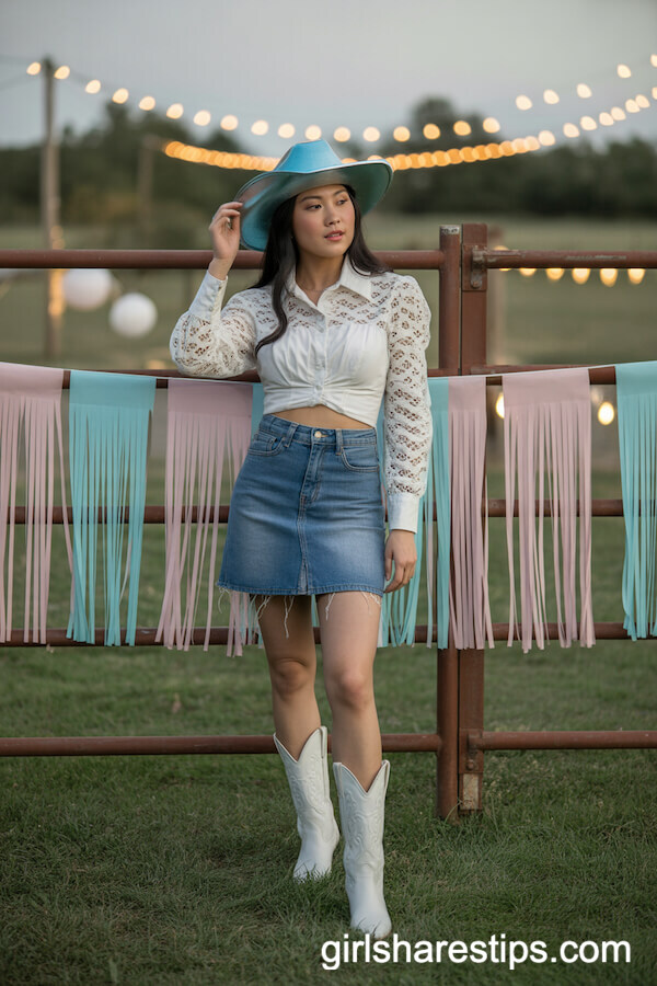 White Lace Blouse and Denim Skirt with Metallic Cowboy Hat