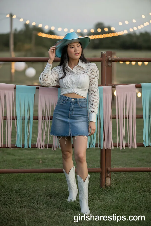 White Lace Blouse and Denim Skirt with Metallic Cowboy Hat