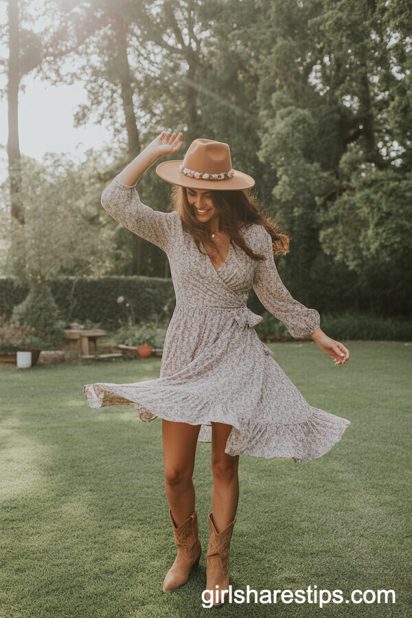 Flowy Floral Wrap Dress with Tan Suede Cowgirl Boots