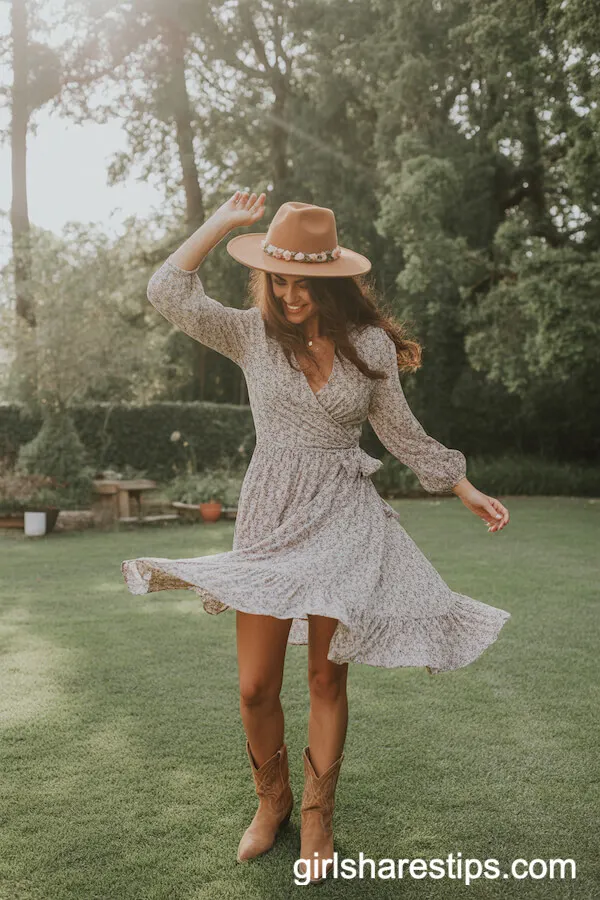 Flowy Floral Wrap Dress with Tan Suede Cowgirl Boots