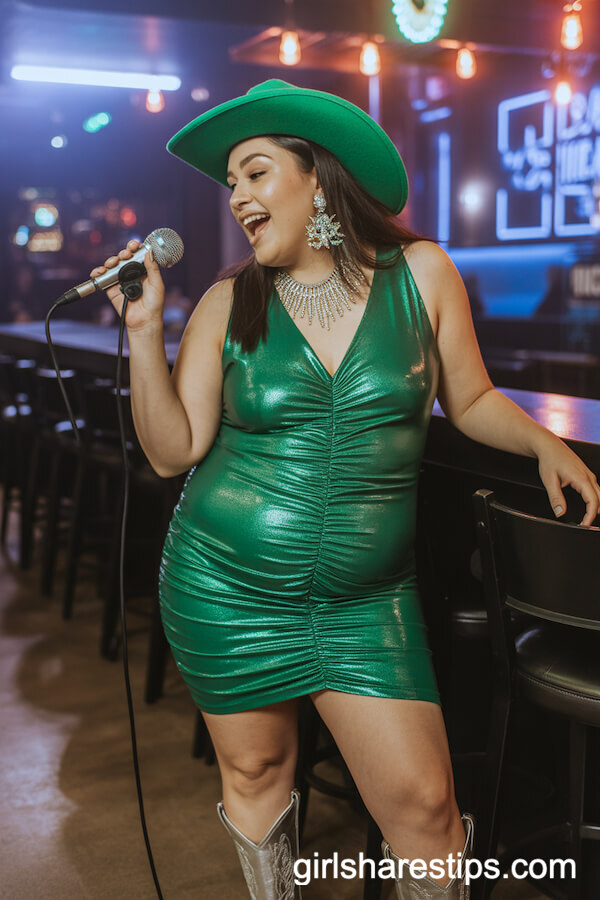 Shimmering Green Metallic Mini Dress with Silver Cowgirl Boots