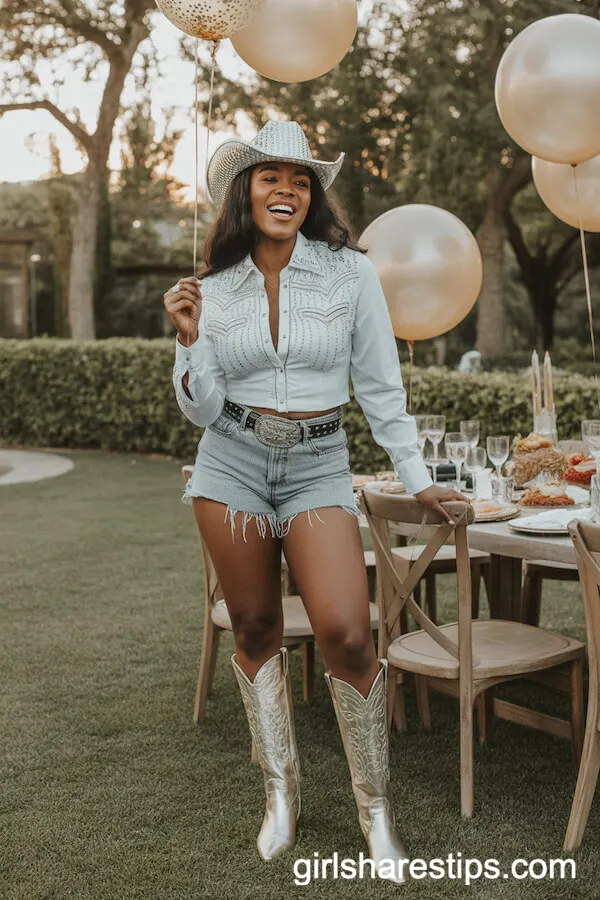 Glitzy Boho-Cowgirl Look with Rhinestone Western Shirt and Denim Shorts