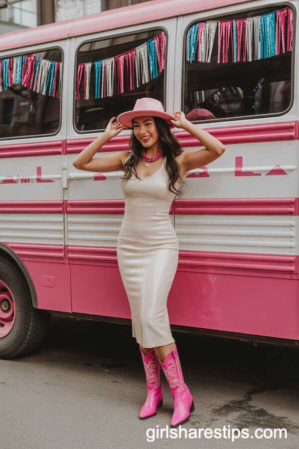 White Sequin Midi Dress with Hot Pink Cowgirl Boots and Rhinestone Hat