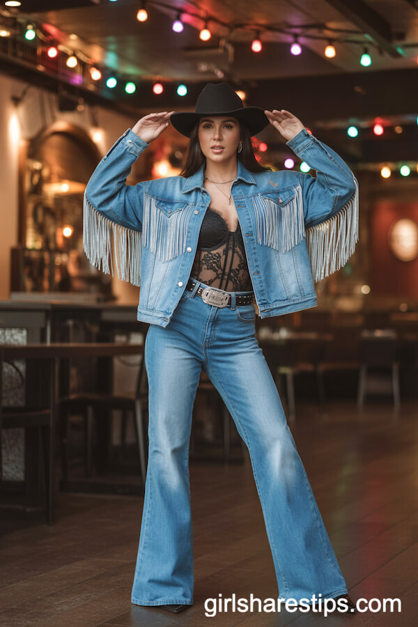 All-Denim Cowgirl Ensemble with Silver Fringe and Wide-Brimmed Hat