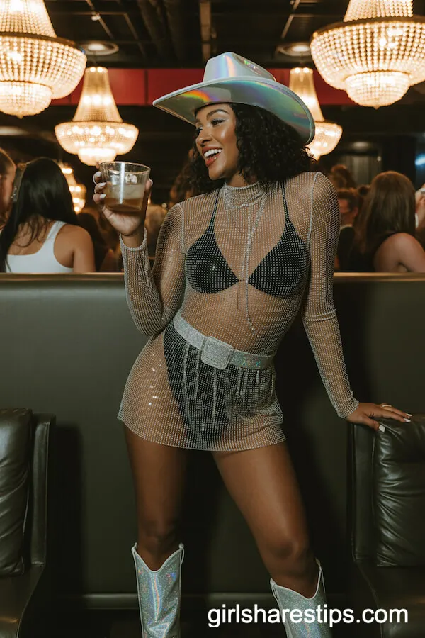 Rhinestone Mesh Dress with Holographic Cowgirl Hat and Silver Boots