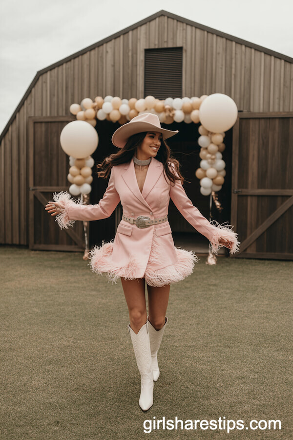 Pink Feather-Trimmed Blazer Dress with Western Accessories