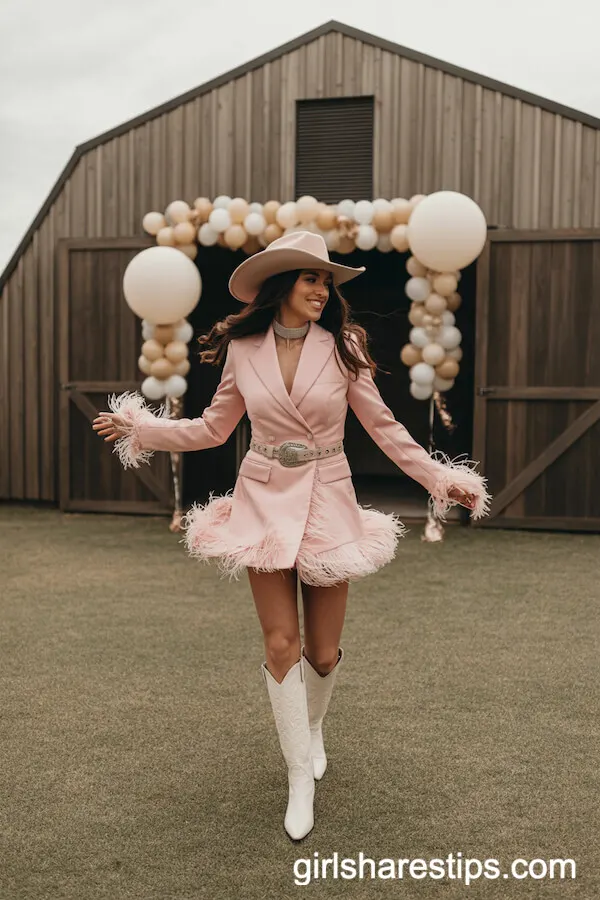 Pink Feather-Trimmed Blazer Dress with Western Accessories