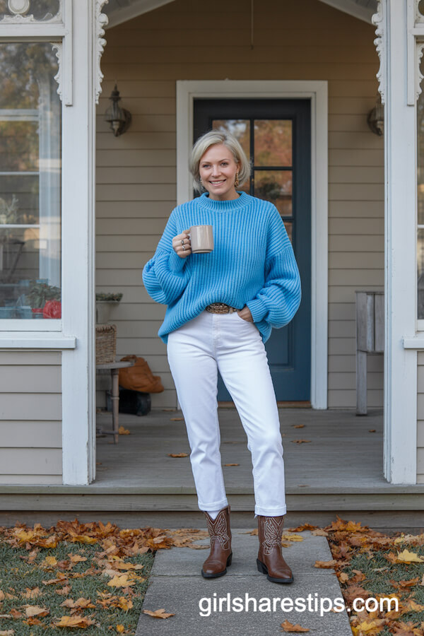 White Jeans with Blue Sweater