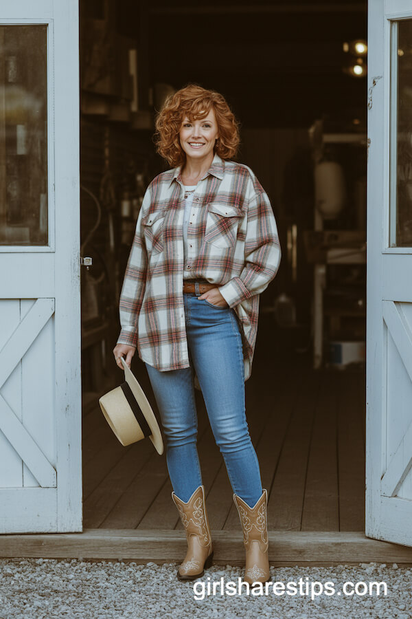 Plaid Flannel Shirt Embroidered Boots
