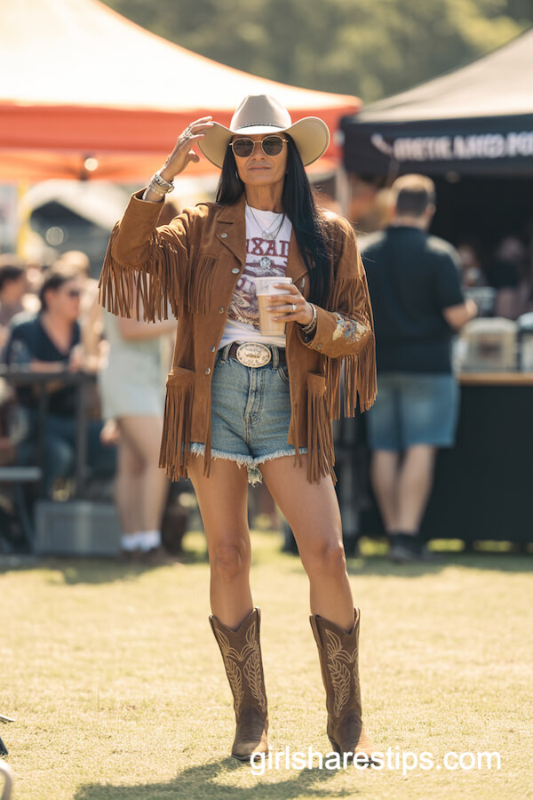 Fringed Suede Jacket and Denim Shorts