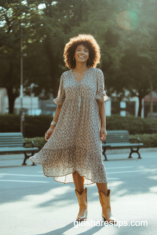 Bohemian Floral Dress with Tan Boots